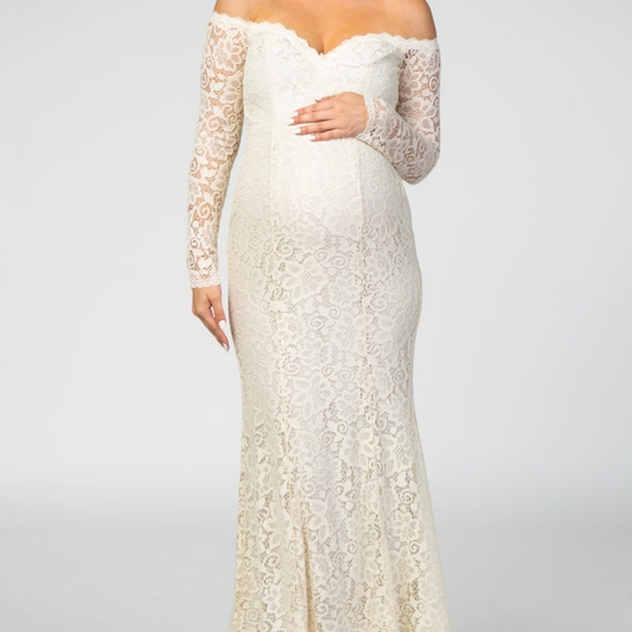 PinkBlush Beige Lace OffShoulder Long Sleeve Maternity Photoshoot or Bridal Gown - Picture 3 of 10